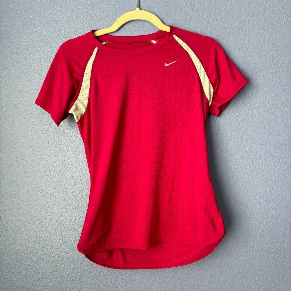 Women's Nike Dri-Fit Running Shirt Short Sleeve Tee Pink White Stripe Small GUC